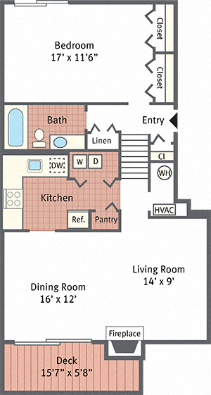 Floor plan for 1 bed, 1 bath, 805 sqft